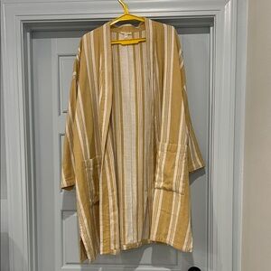 Eileen Fisher Orangic Cotton Striped Gold and White Open Cardigan Kimono Duster